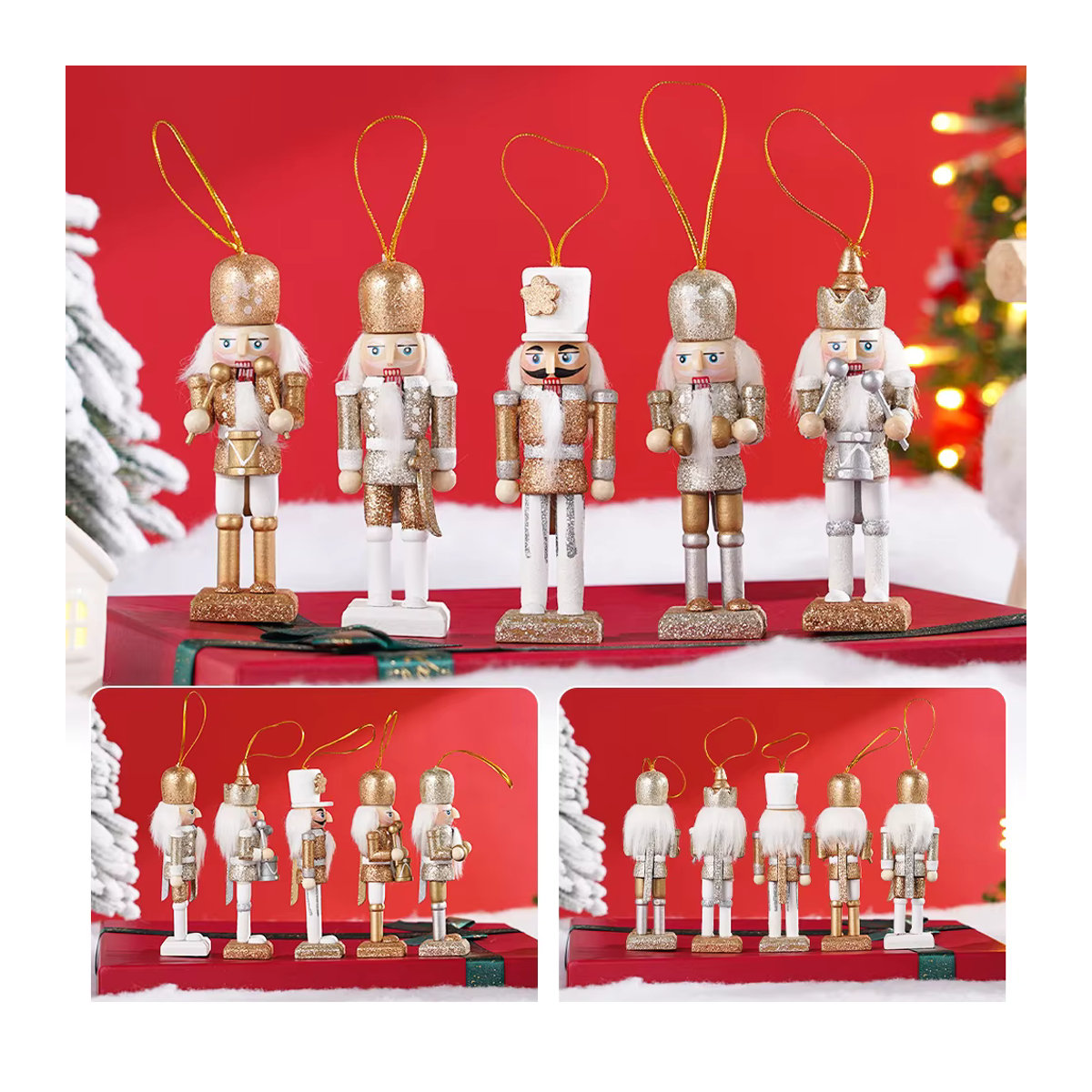 5er Set Weihnachts Nussknacker aus Holz als Baumanhänger und Desktop Ornament, Multicolor, Höhe: 12 cm - Bild 2
