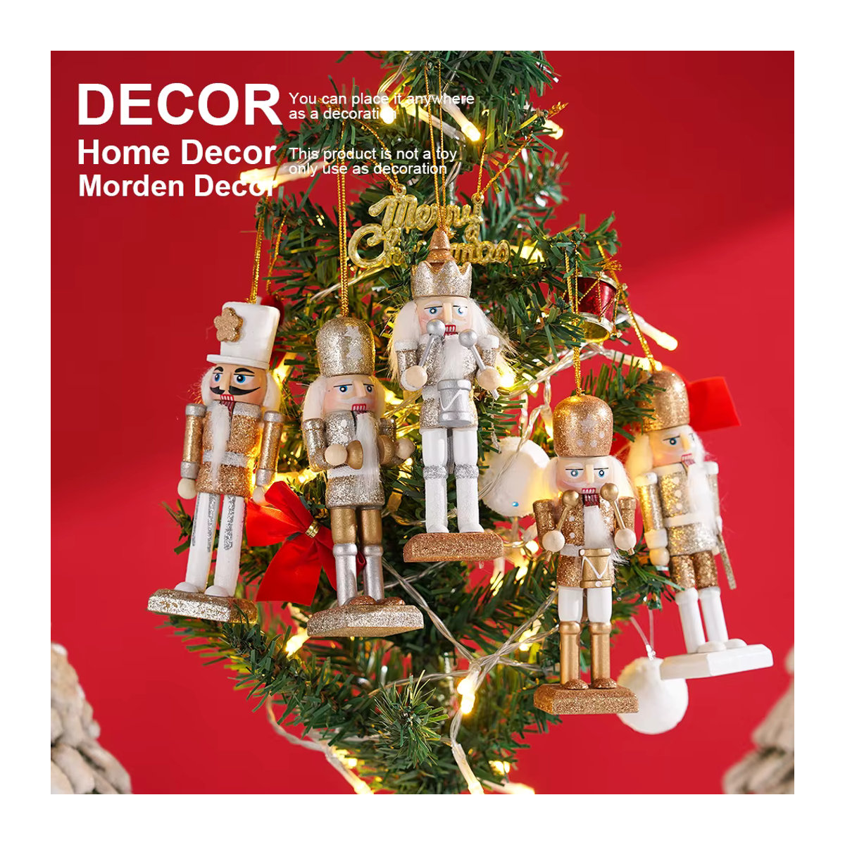 5er Set Weihnachts Nussknacker aus Holz als Baumanhänger und Desktop Ornament, Multicolor, Höhe: 12 cm - Bild 5