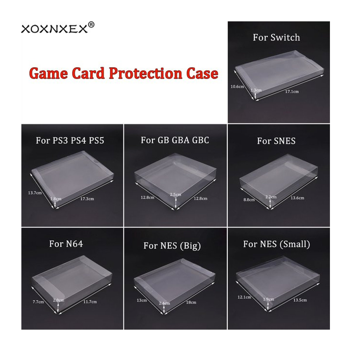 5er-Set XOXNXEX transparente Kunststoff-Schutzhüllen für Spielpatronen und CIB-Hüllen, passend für N64, NES, SNES, GB, GBA, GBC, NGPC, Switch und PS3/4/5 - Bild 1