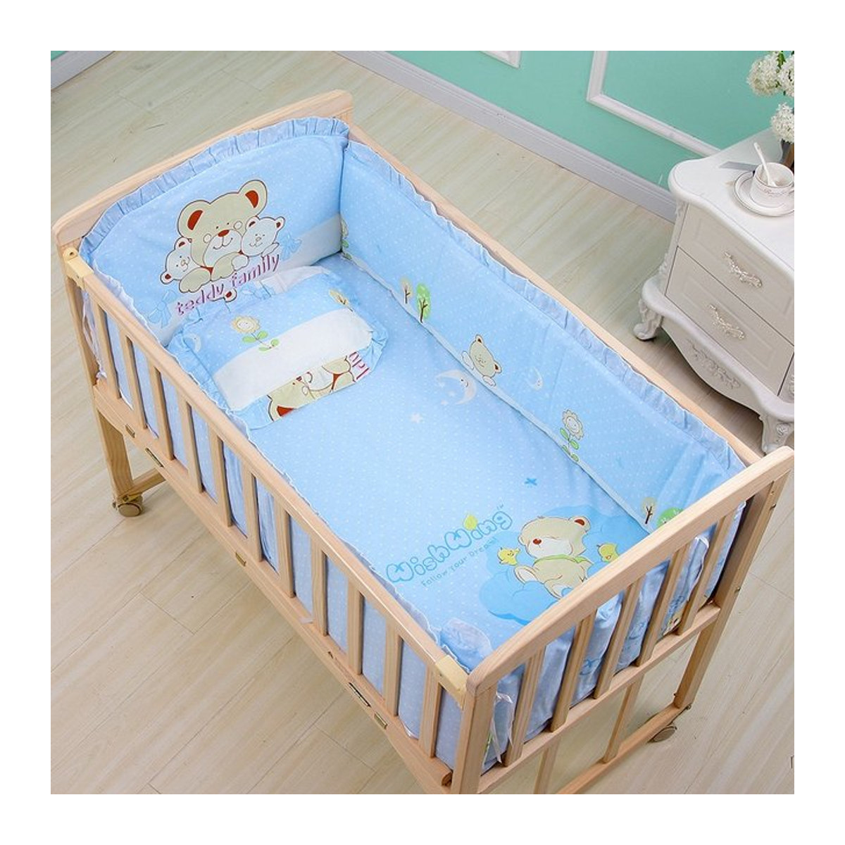 6-teiliges Babybettwäsche-Set mit Cartoon-Design für Kleinkinder und Neugeborene, bestehend aus 4 Bettumrandungen, Matratze und Kissen - Bild 1