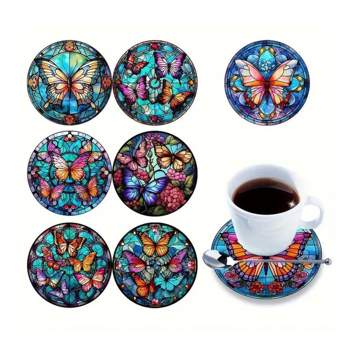 6-teiliges Schmetterlings-Kunst-Untersetzer-Set in Multicolor, 5D-DIY, rutschfest und hitzebeständig für deine Heimdekoration - Bild 1