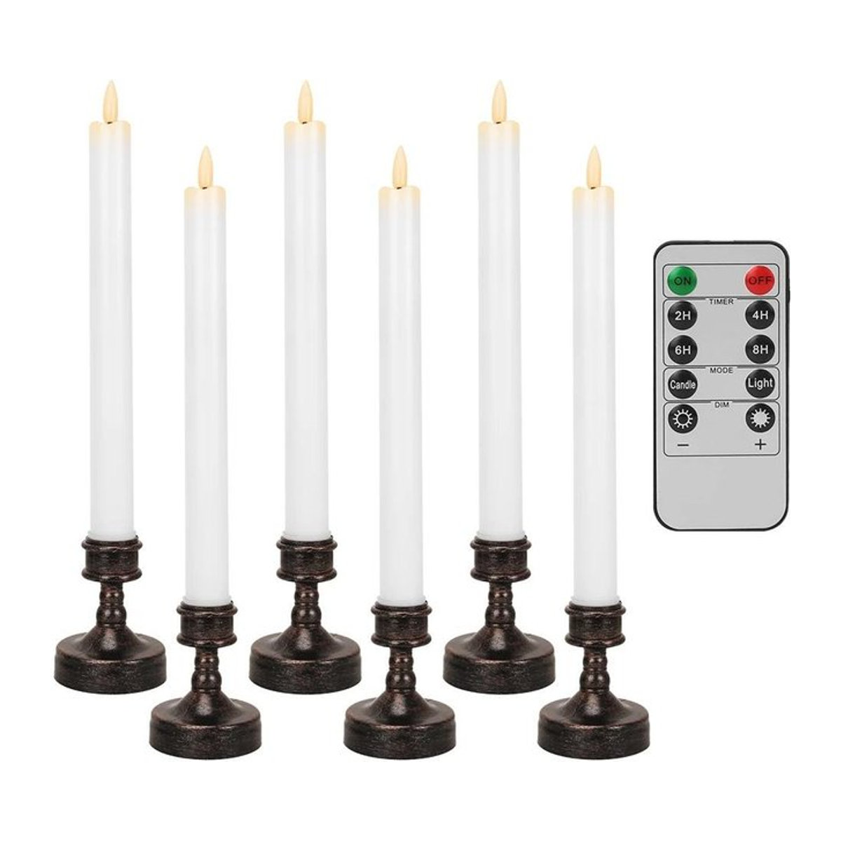 6er-Pack Binchi Lighting Appliances Flammenlose LED-Stabkerzen in Weiß und Gold mit Sockel, konische Vintage-Kerzen mit Flackereffekt und Timer für Halloween, Hochzeit und Weihnachten - Bild 1