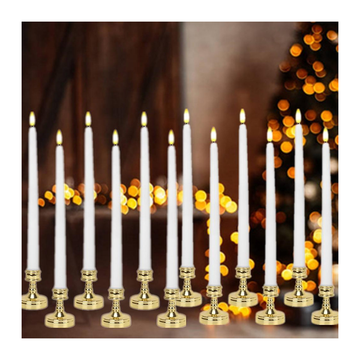 6er-Pack Binchi Lighting Appliances Flammenlose LED-Stabkerzen in Weiß und Gold mit Sockel, konische Vintage-Kerzen mit Flackereffekt und Timer für Halloween, Hochzeit und Weihnachten - Bild 2