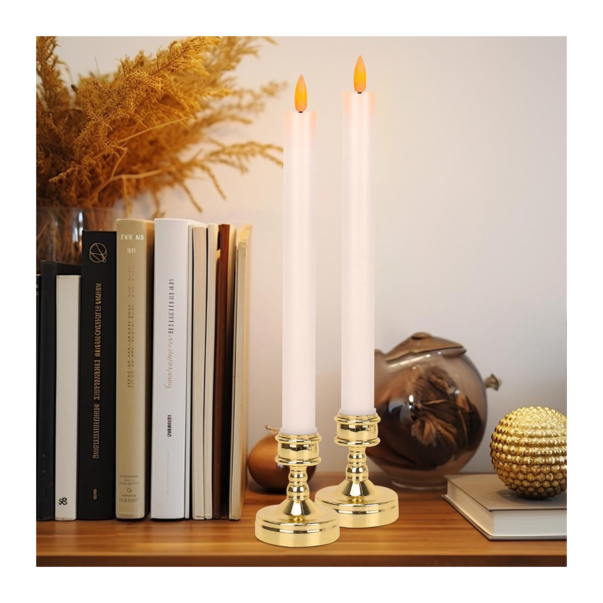 6er-Pack Binchi Lighting Appliances Flammenlose LED-Stabkerzen in Weiß und Gold mit Sockel, konische Vintage-Kerzen mit Flackereffekt und Timer für Halloween, Hochzeit und Weihnachten - Bild 3