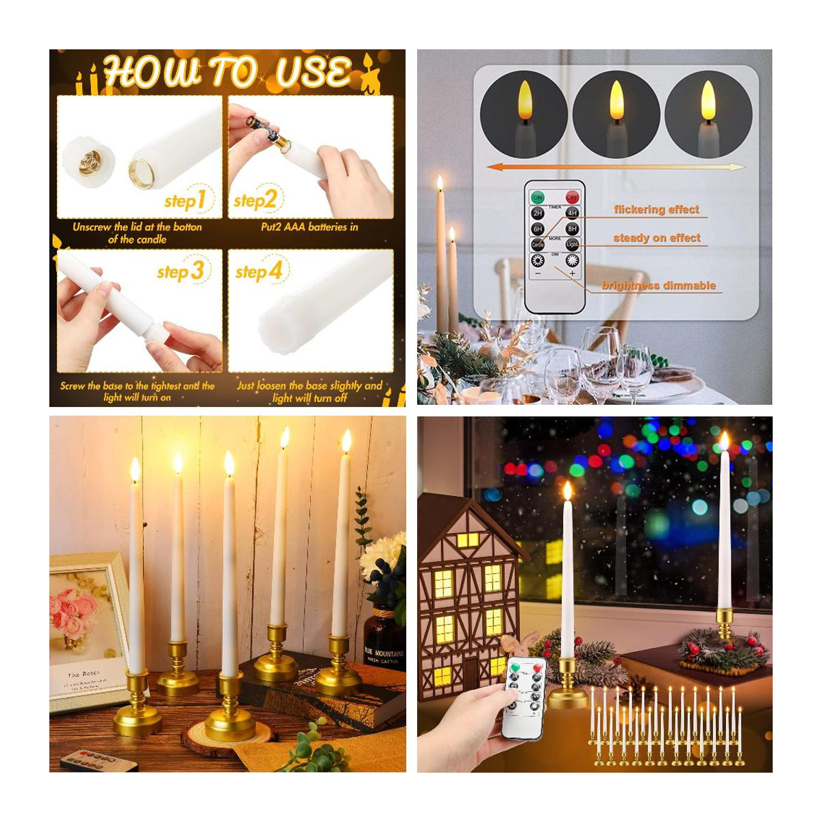 6er-Pack Binchi Lighting Appliances Flammenlose LED-Stabkerzen in Weiß und Gold mit Sockel, konische Vintage-Kerzen mit Flackereffekt und Timer für Halloween, Hochzeit und Weihnachten - Bild 5