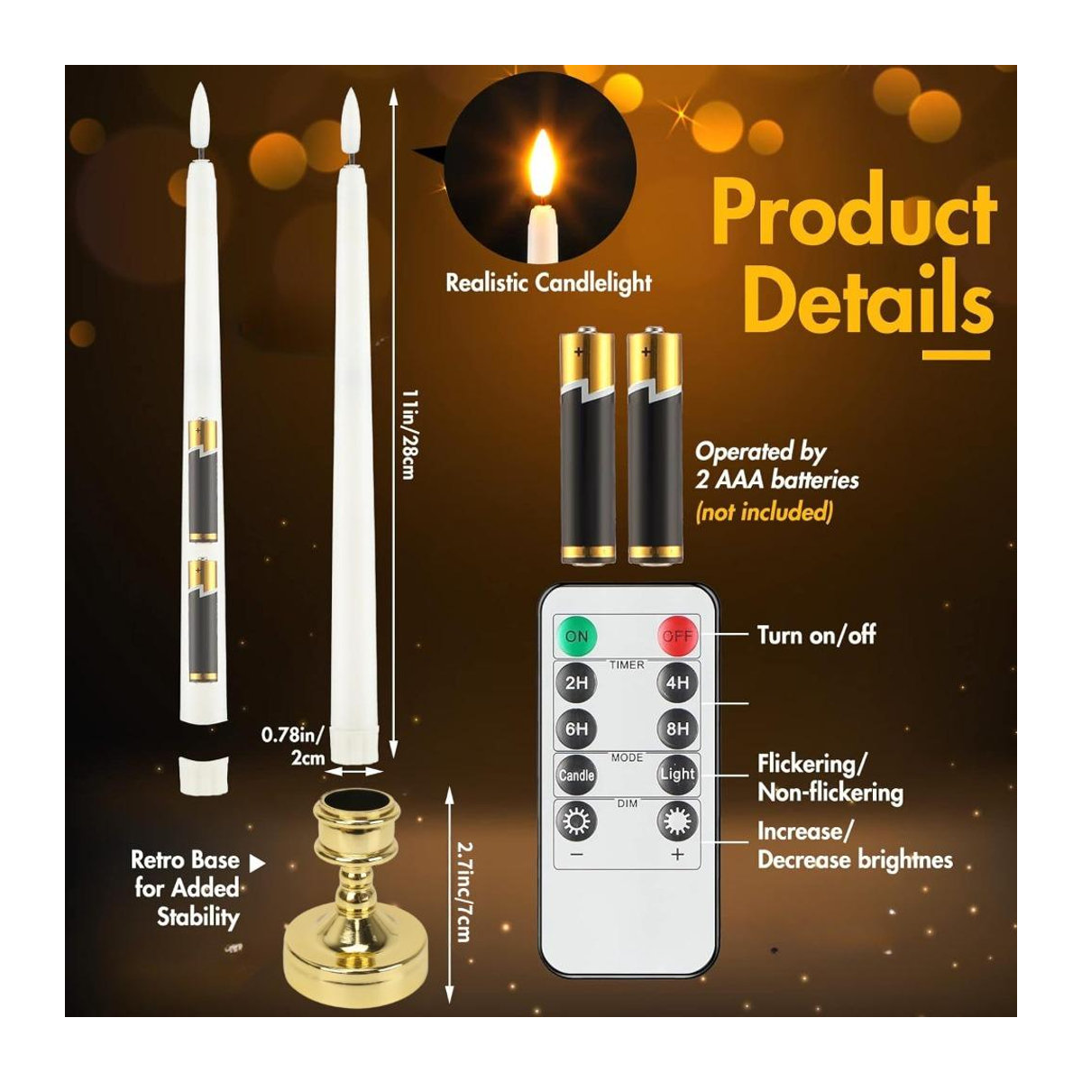 6er-Pack Binchi Lighting Appliances Flammenlose LED-Stabkerzen in Weiß und Gold mit Sockel, konische Vintage-Kerzen mit Flackereffekt und Timer für Halloween, Hochzeit und Weihnachten - Bild 6