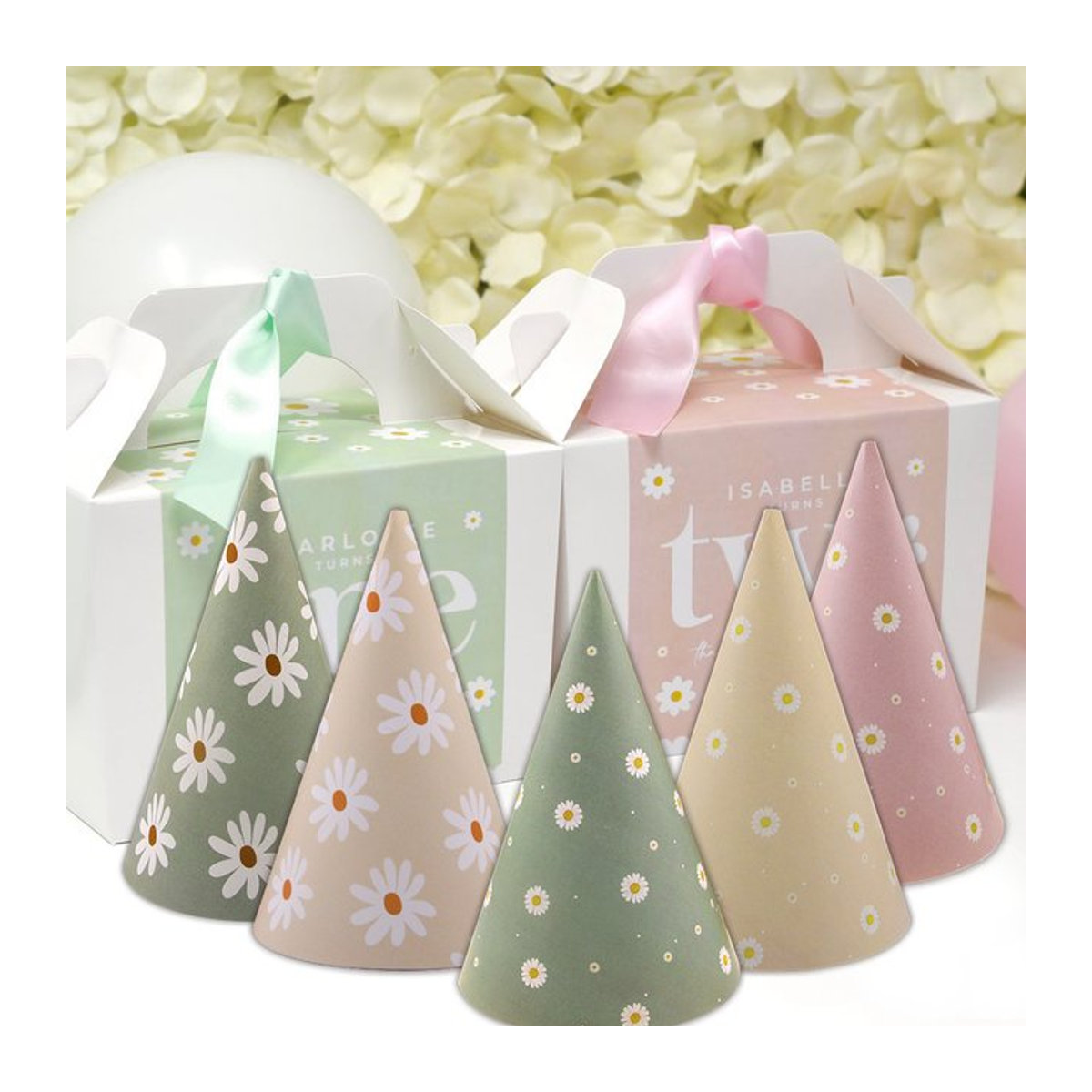 6er Set Daisy Blumen Papier Hüte in Rosa und Grün für Baby Shower und Kindergeburtstag Party Dekoration - Bild 1