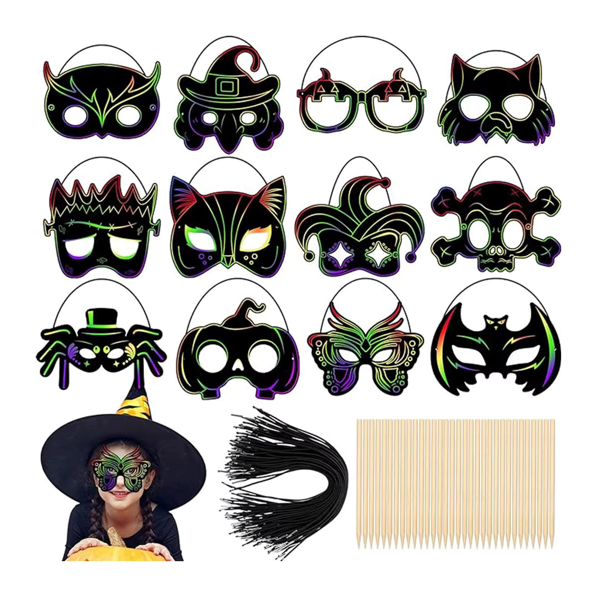 6er Set Halloween Scratch Masken zum Selbergestalten für Kinder, DIY Bastelset aus Papier in Multicolor - Bild 2