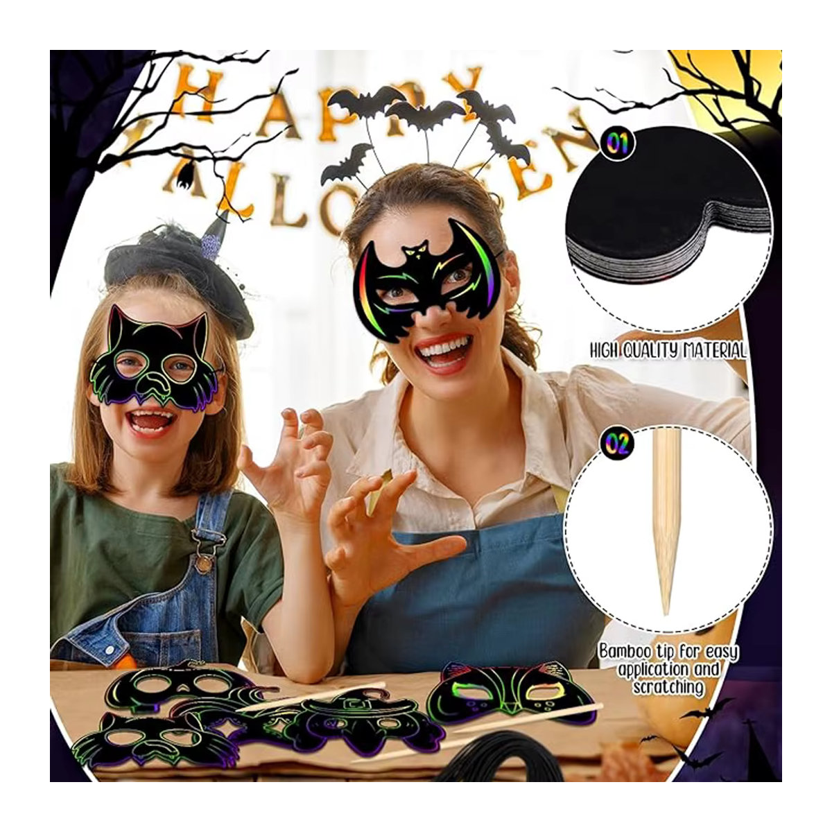 6er Set Halloween Scratch Masken zum Selbergestalten für Kinder, DIY Bastelset aus Papier in Multicolor - Bild 3