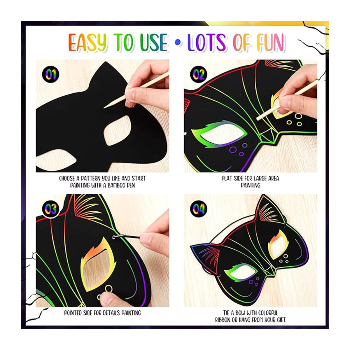 6er Set Halloween Scratch Masken zum Selbergestalten für Kinder, DIY Bastelset aus Papier in Multicolor - Bild 4