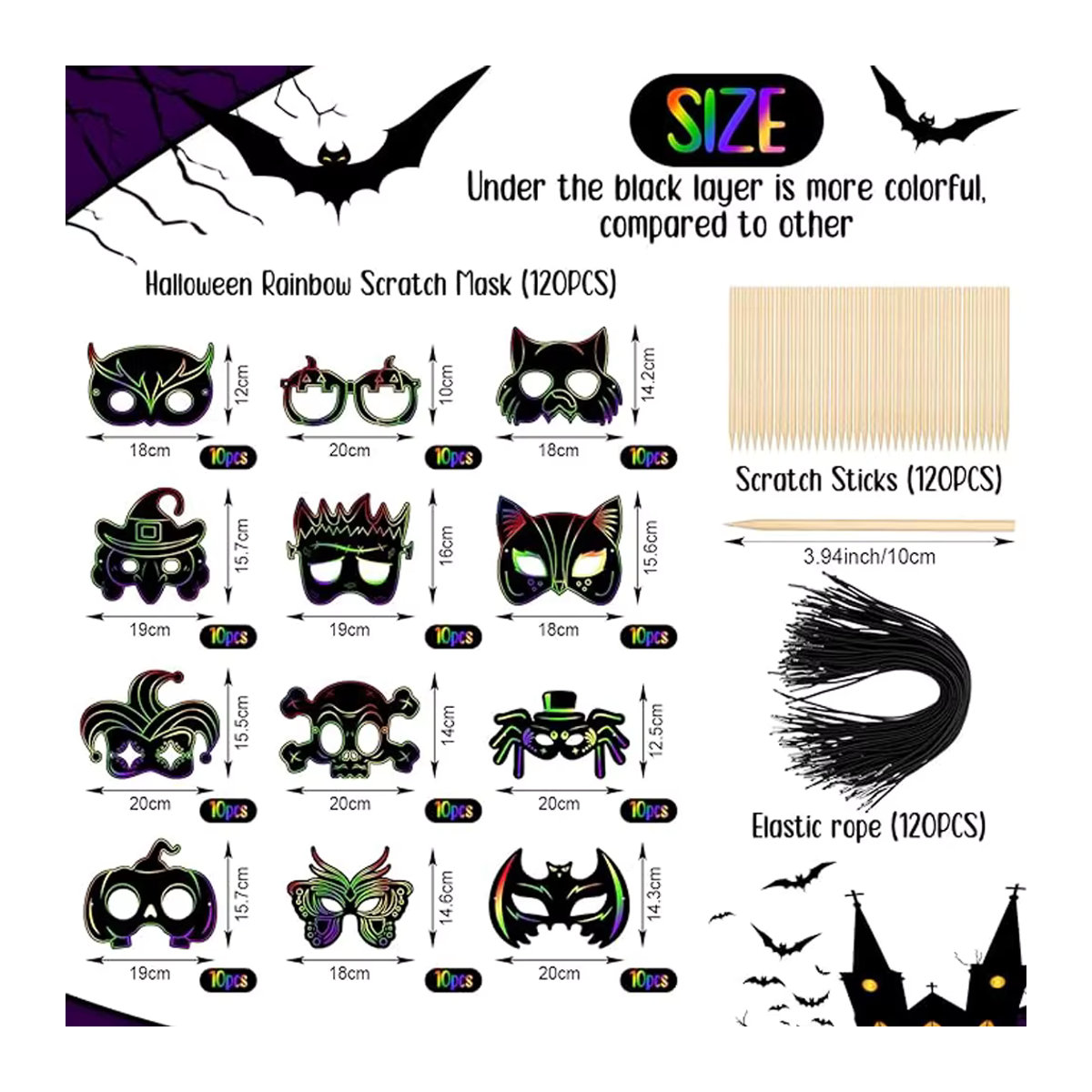 6er Set Halloween Scratch Masken zum Selbergestalten für Kinder, DIY Bastelset aus Papier in Multicolor - Bild 6