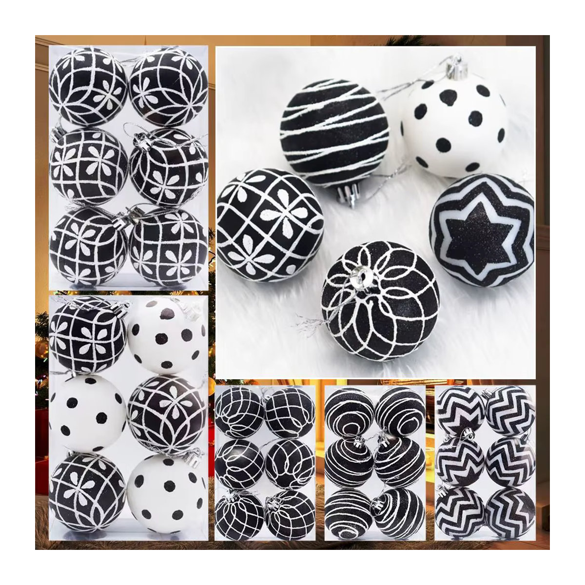 6er Set handbemalte Weihnachtsbaumkugeln in Schwarz und Weiß, runde Dekobälle zum Aufhängen, Durchmesser: 6 cm - Bild 2