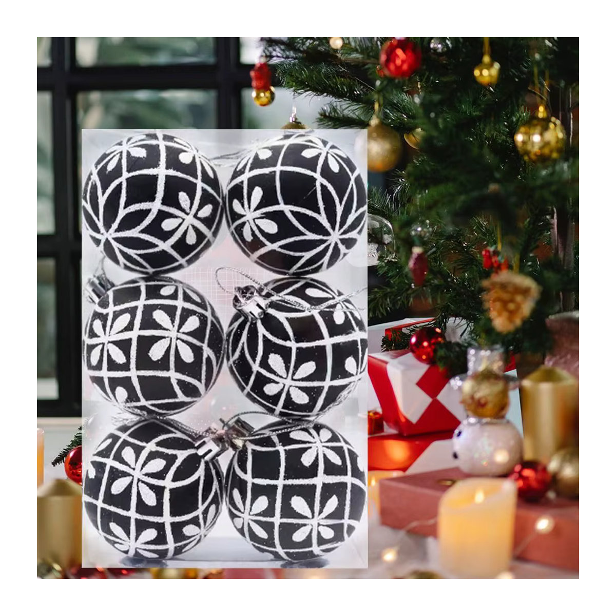 6er Set handbemalte Weihnachtsbaumkugeln in Schwarz und Weiß, runde Dekobälle zum Aufhängen, Durchmesser: 6 cm - Bild 4