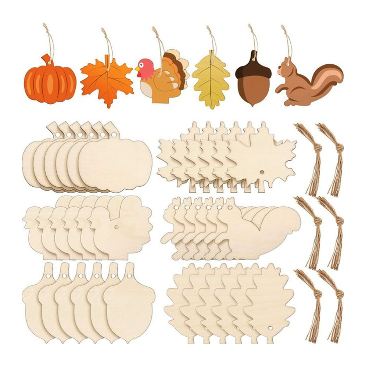 6er Set Holz Ornamente mit Kürbis und Herbstblättern für DIY Bastelarbeiten und Thanksgiving Dekoration - Bild 1