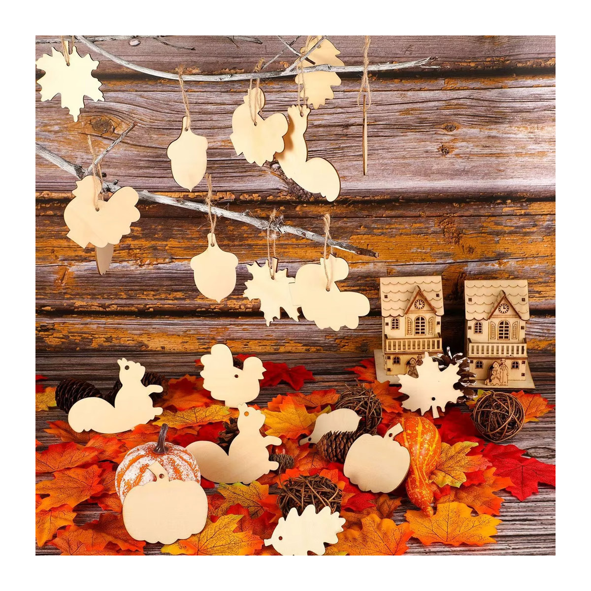 6er Set Holz Ornamente mit Kürbis und Herbstblättern für DIY Bastelarbeiten und Thanksgiving Dekoration - Bild 2