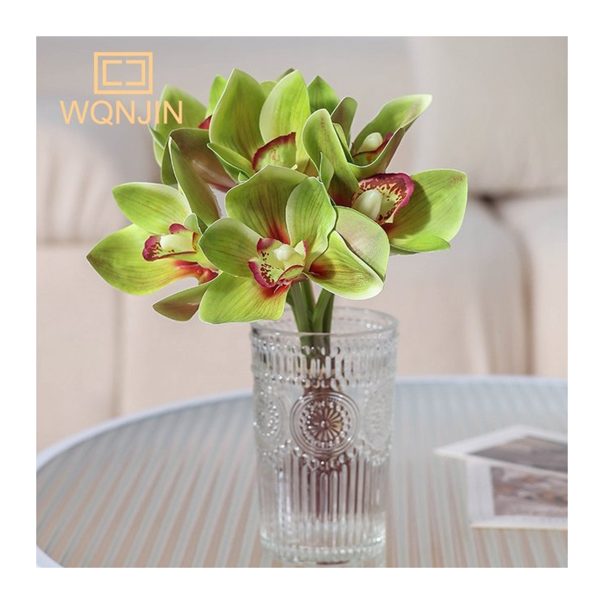 6er Set künstliche Orchideen und Magnolien aus Seide in Gelb und Grün von WQNJIN als dekorativer Blumenstrauß für Hochzeit und Home Party - Bild 1