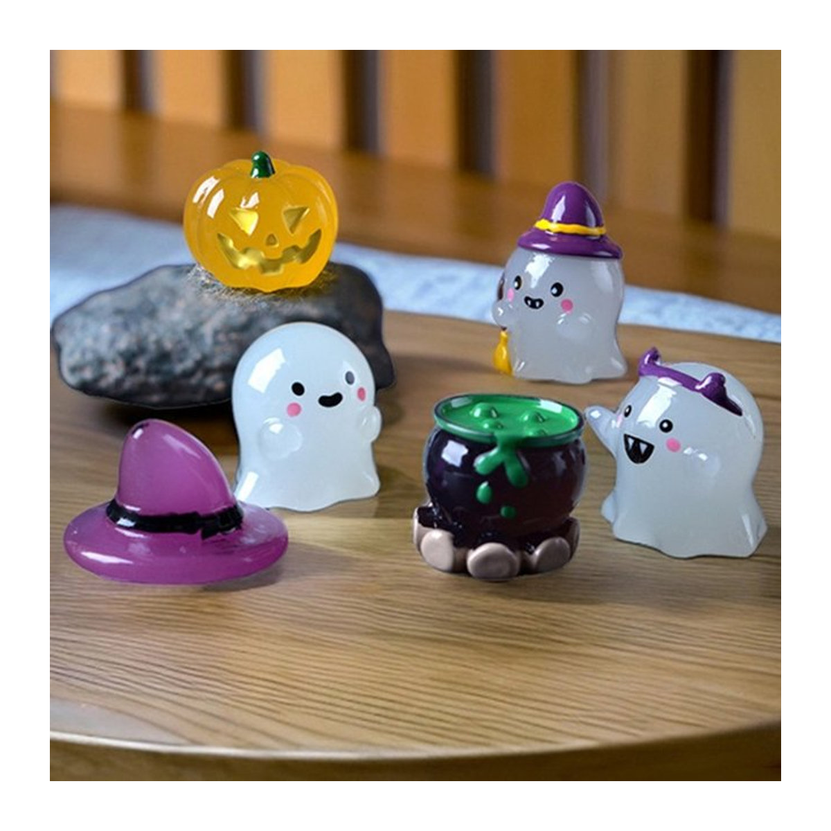6er Set Mini Halloween Party Deko leuchtende Ornamente mit Geist, Hexe und Kürbis für Tisch und Garten - Bild 1
