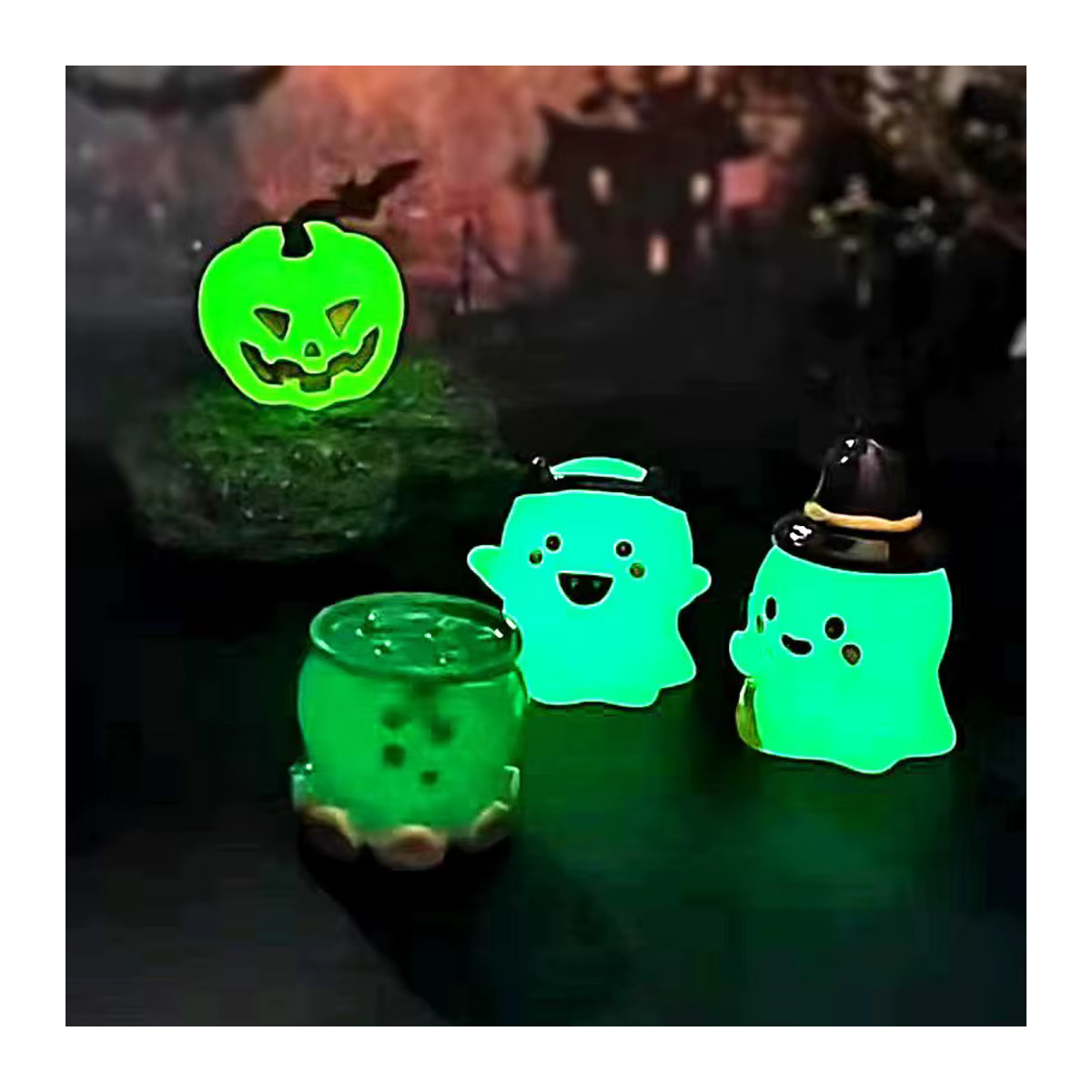 6er Set Mini Halloween Party Deko leuchtende Ornamente mit Geist, Hexe und Kürbis für Tisch und Garten - Bild 2