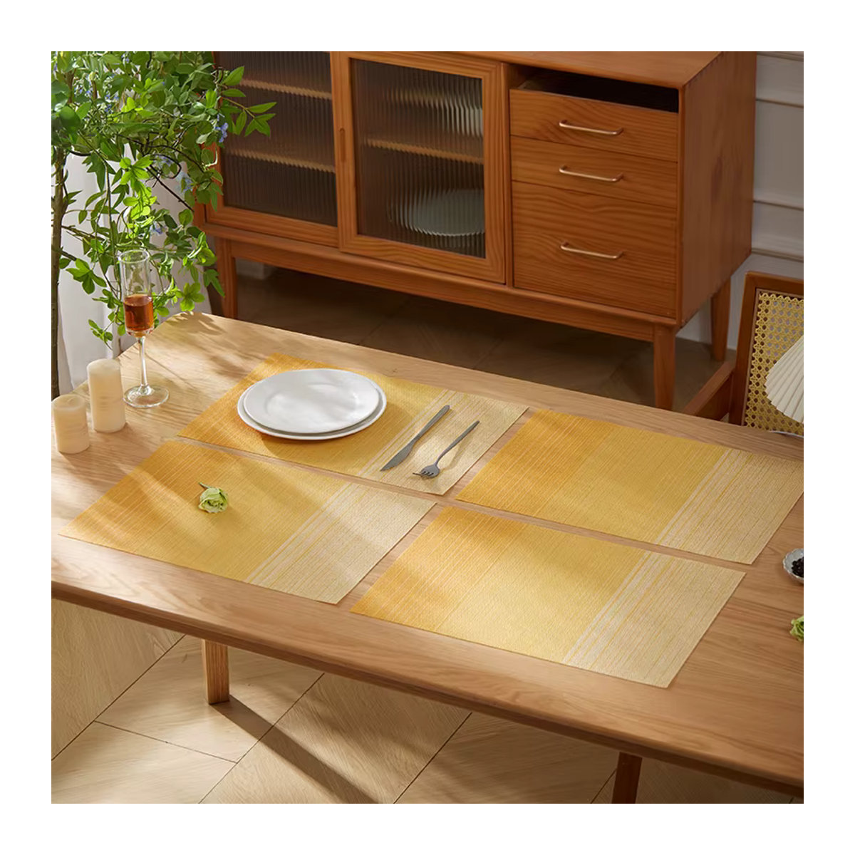 6er-Set Tabletex Tischsets aus gewebtem Vinyl mit Feder-Design in Blau und Gelb, rutschfest und waschbar - Bild 3