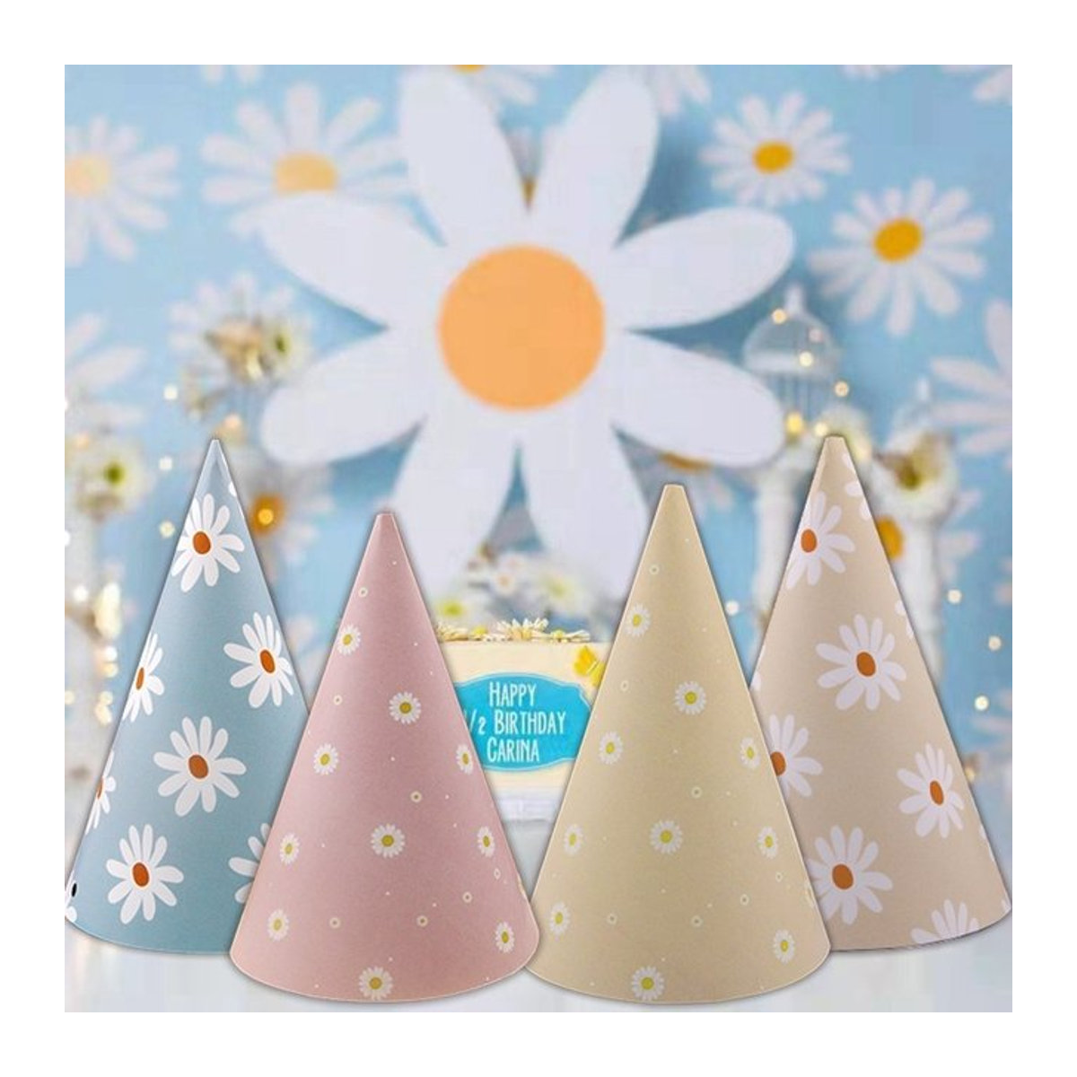 6er Set Tissy Daisy Party Hüte aus Papier in Rosa und Grün für Baby Shower und Kindergeburtstage - Bild 1