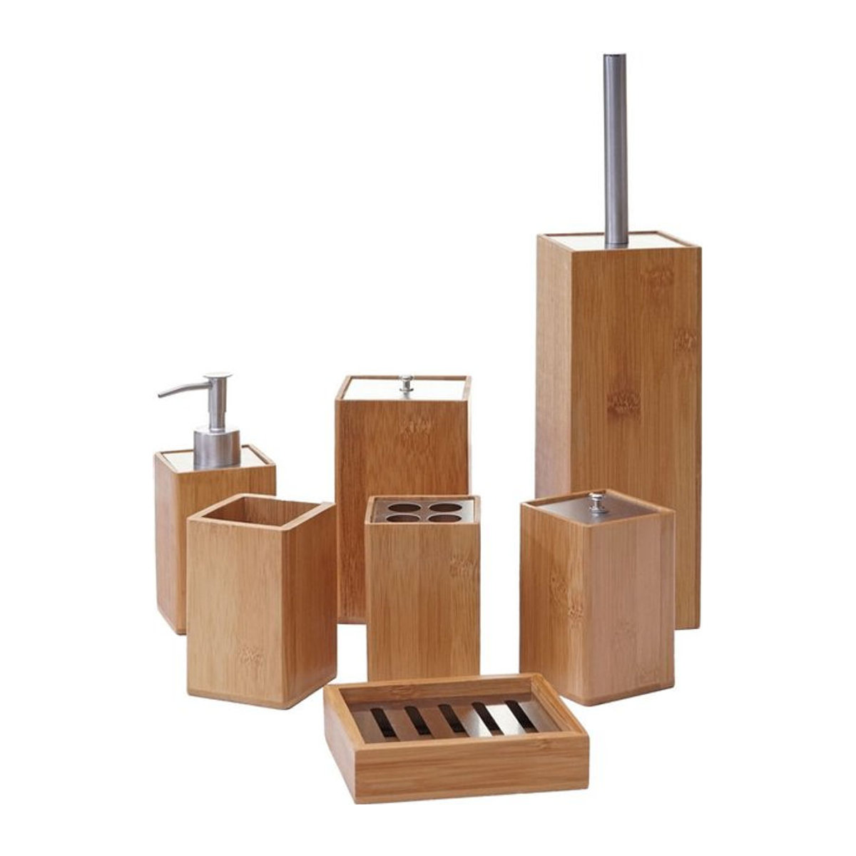 7-teiliges Badset MCW-A90 aus Bambus in Braun Natur mit WC-Bürste und Badaccessoires - Bild 1