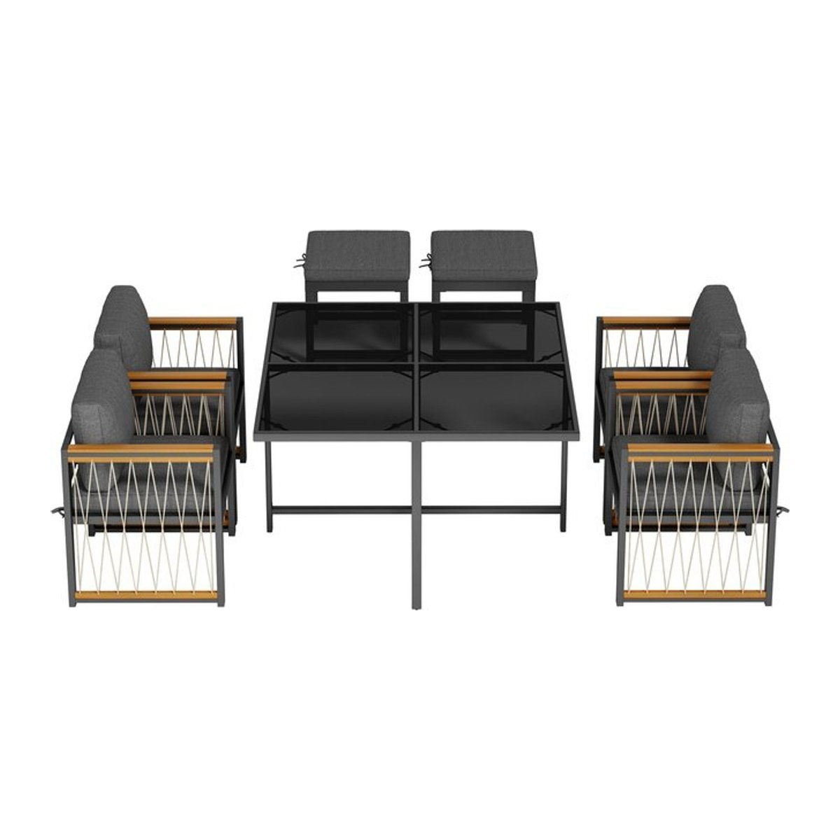 7-teiliges Outdoor Esstisch- und Stuhlset von GL Store in Schwarz mit Glasplatte und Kissen für 6 Personen - Bild 1
