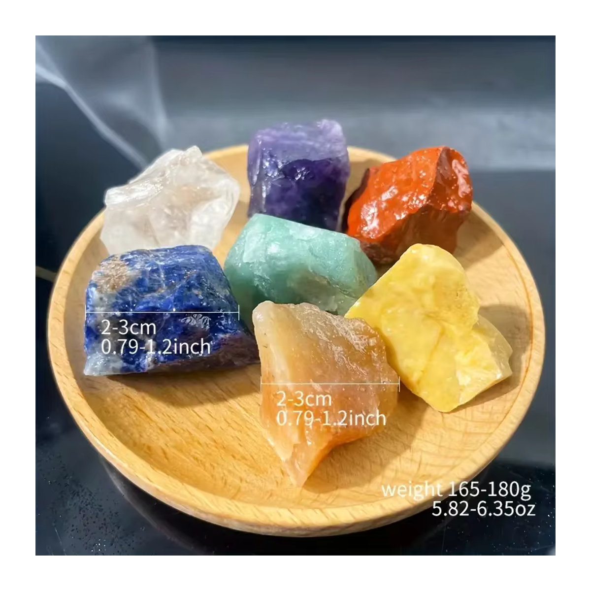 7er Set natürliche Chakra-Kristalle unregelmäßig geformt mit Amethyst, Sonnenstein, gelbem Aventurin und rotem Jaspis in verschiedenen Farben - Bild 2