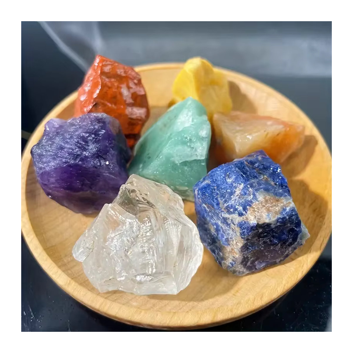 7er Set natürliche Chakra-Kristalle unregelmäßig geformt mit Amethyst, Sonnenstein, gelbem Aventurin und rotem Jaspis in verschiedenen Farben - Bild 3