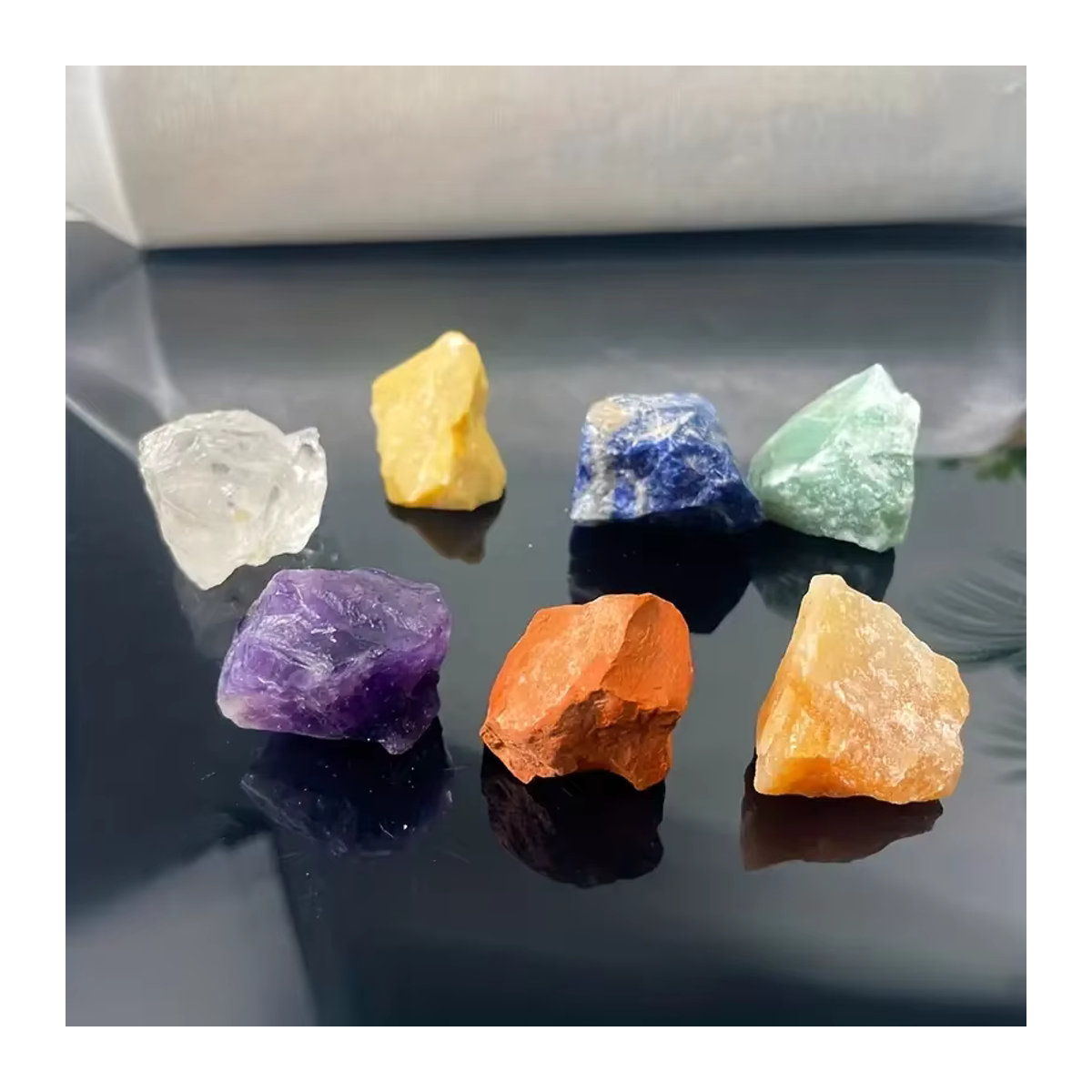 7er Set natürliche Chakra-Kristalle unregelmäßig geformt mit Amethyst, Sonnenstein, gelbem Aventurin und rotem Jaspis in verschiedenen Farben - Bild 4