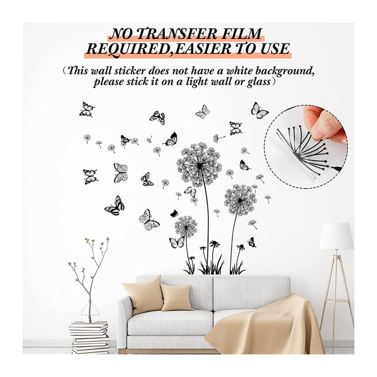 A Better Home DIY Löwenzahn-Schmetterlings-Wandaufkleber in Schwarz mit floralem Design für moderne Heimdekoration - Bild 7
