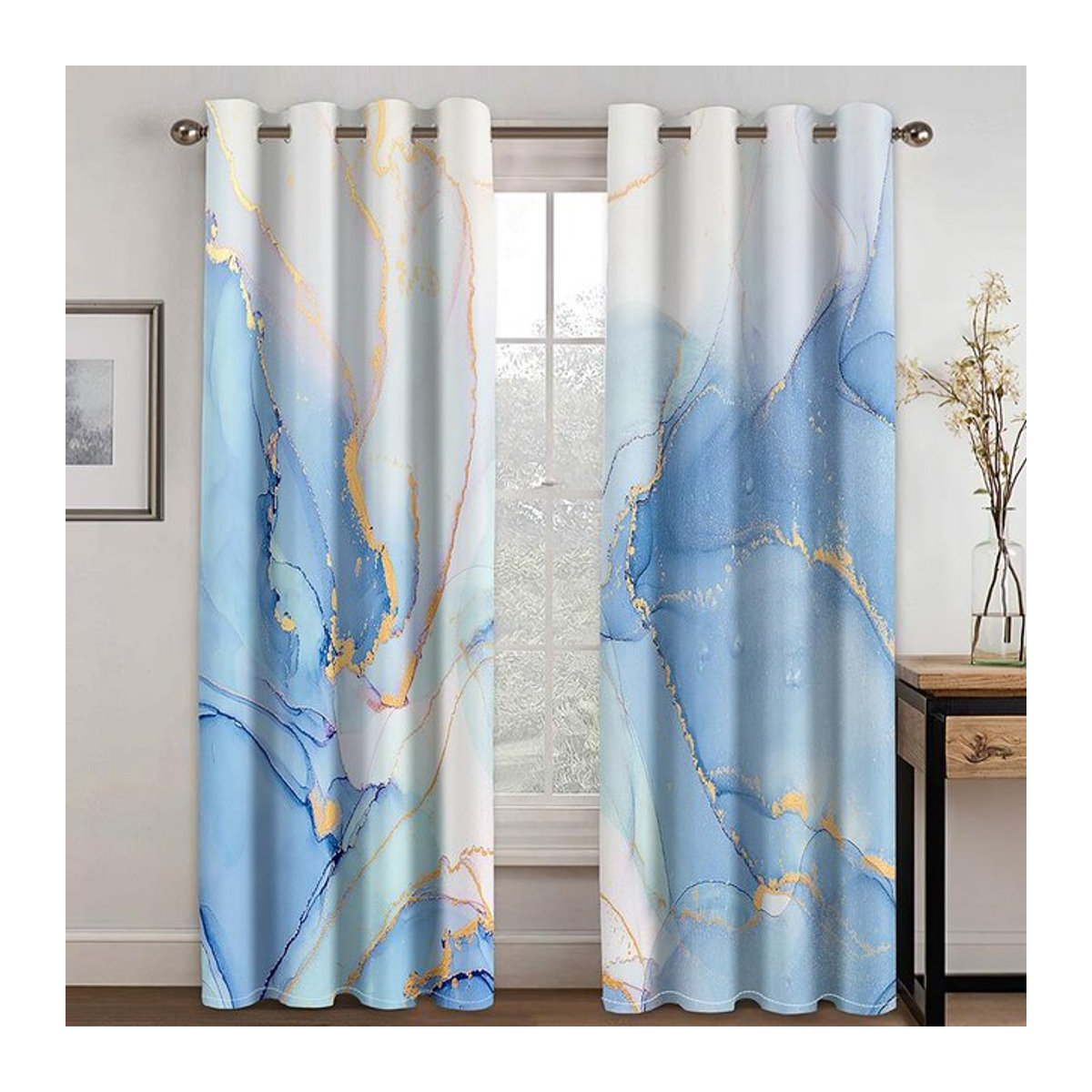 A Family Of Home Textiles 3D-Fenstervorhang mit Marmor-Design in Grün und Grau, 2 Paneele, semi-transparent, B: 100 cm, H: 130 cm - Bild 1