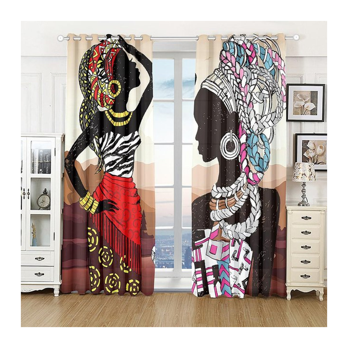 A Family Of Home Textiles 3D Vorhang mit afrikanischer Kunst Motiv Zwei Schwarze Mädchen, Schwarz, halbtransparent, H: 130 cm x B: 100 cm - Bild 1