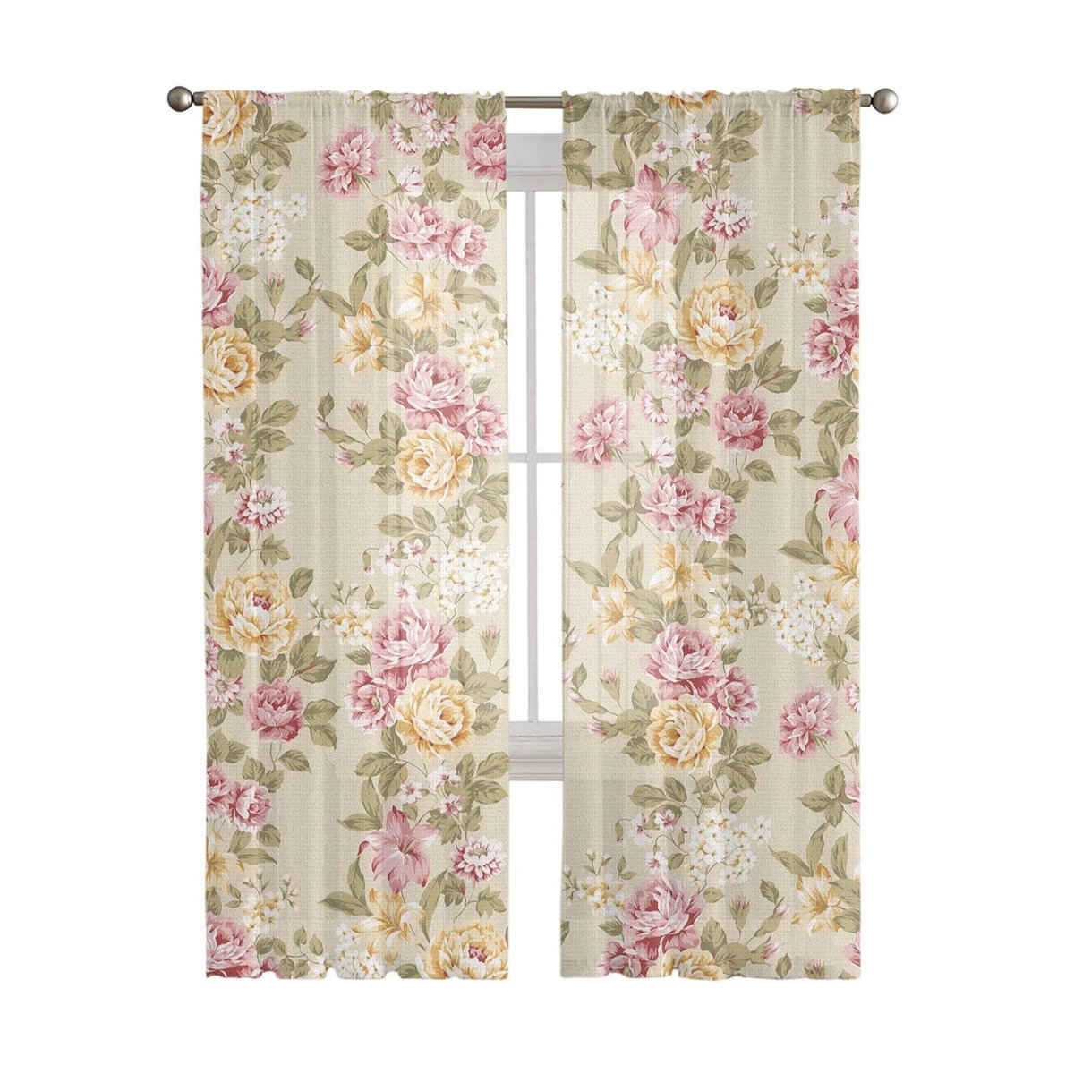 A Family Of Home Textiles Bouquet Rose Tüll Vorhang in Gelb Rosa Beige, Sheer Voile Fensterdekoration für Wohnzimmer und Schlafzimmer, Breite: 135 cm, Höhe: 274 cm - Bild 1