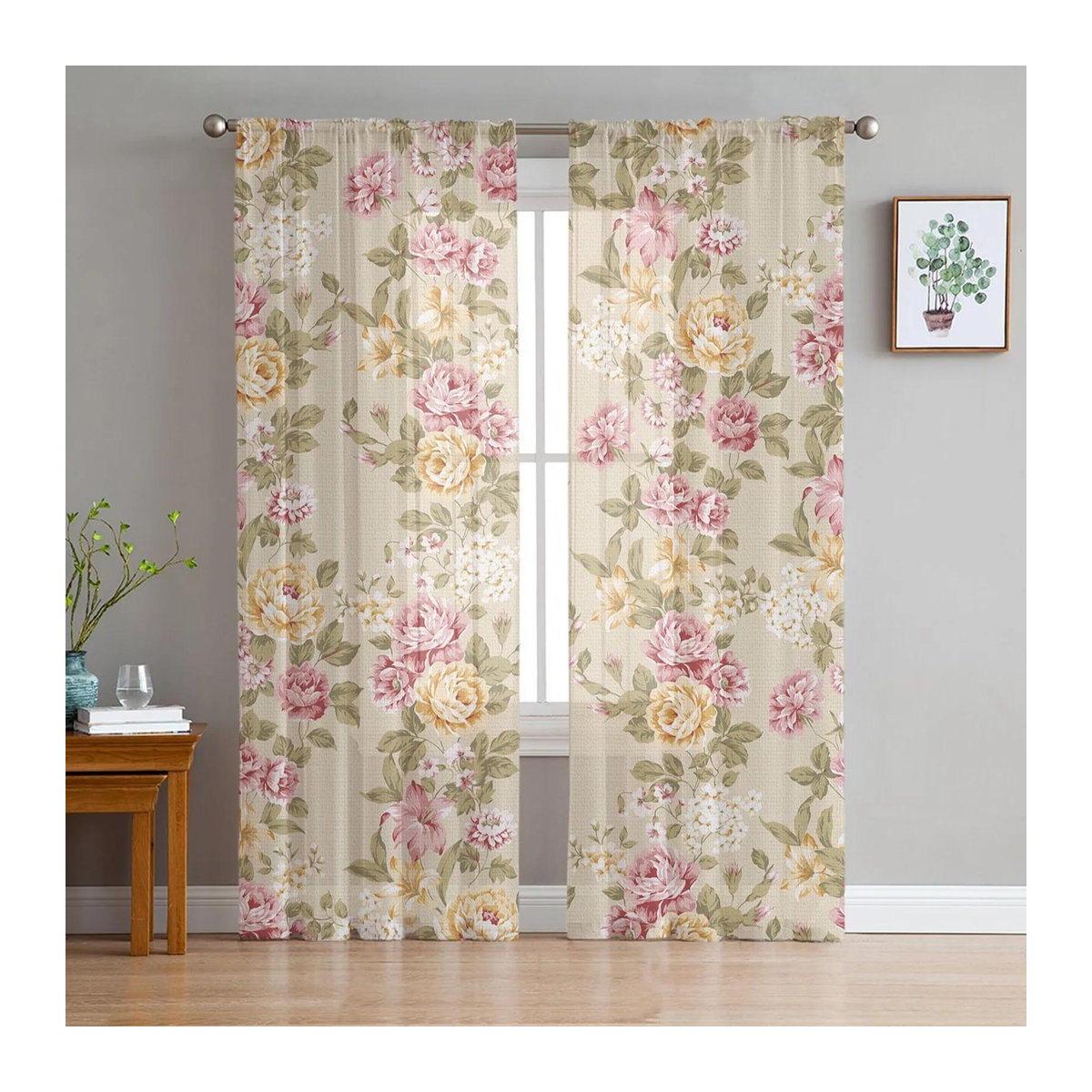A Family Of Home Textiles Bouquet Rose Tüll Vorhang in Gelb Rosa Beige, Sheer Voile Fensterdekoration für Wohnzimmer und Schlafzimmer, Breite: 135 cm, Höhe: 274 cm - Bild 3