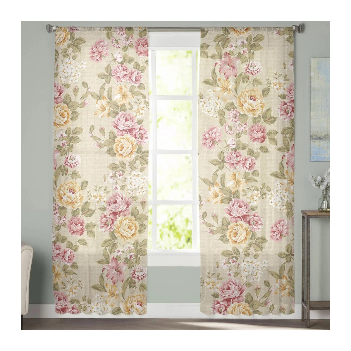 A Family Of Home Textiles Bouquet Rose Tüll Vorhang in Gelb Rosa Beige, Sheer Voile Fensterdekoration für Wohnzimmer und Schlafzimmer, Breite: 135 cm, Höhe: 274 cm - Bild 4