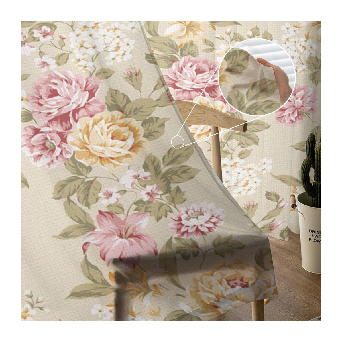 A Family Of Home Textiles Bouquet Rose Tüll Vorhang in Gelb Rosa Beige, Sheer Voile Fensterdekoration für Wohnzimmer und Schlafzimmer, Breite: 135 cm, Höhe: 274 cm - Bild 5