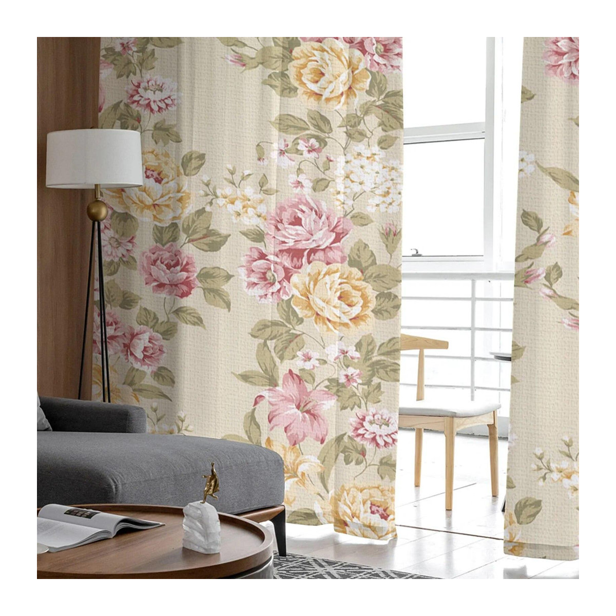 A Family Of Home Textiles Bouquet Rose Tüll Vorhang in Gelb Rosa Beige, Sheer Voile Fensterdekoration für Wohnzimmer und Schlafzimmer, Breite: 135 cm, Höhe: 274 cm - Bild 6