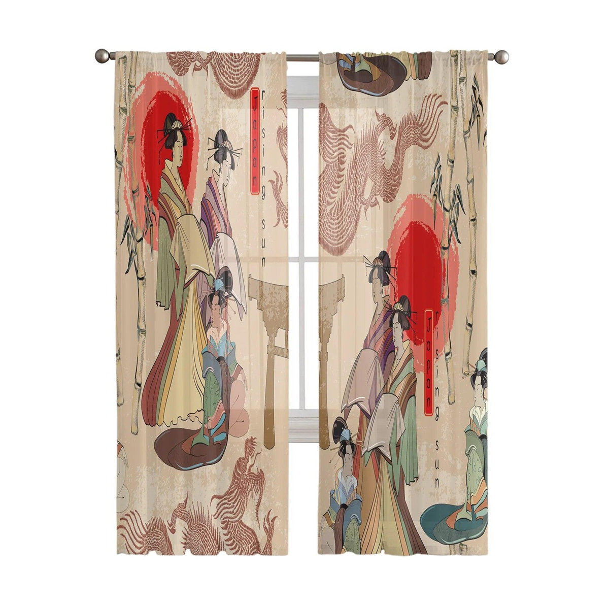 A Family Of Home Textiles Chiffon Gardine Japan Motiv Rote Sonne Geisha Drache Bambus Transparent Voile Vorhang Breite: 135 cm, Höhe: 114 cm - Bild 1