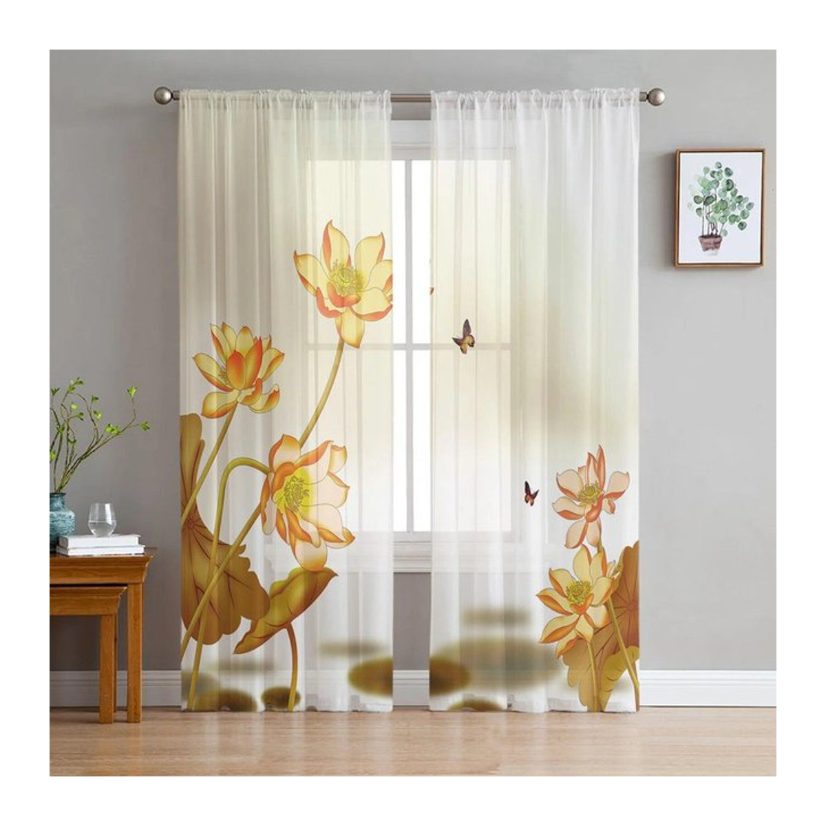 A Family Of Home Textiles Chiffon-Vorhang mit Lotus- und Schmetterlingsmuster, transparent, Breite: 135 cm, Höhe: 114 cm - Bild 1