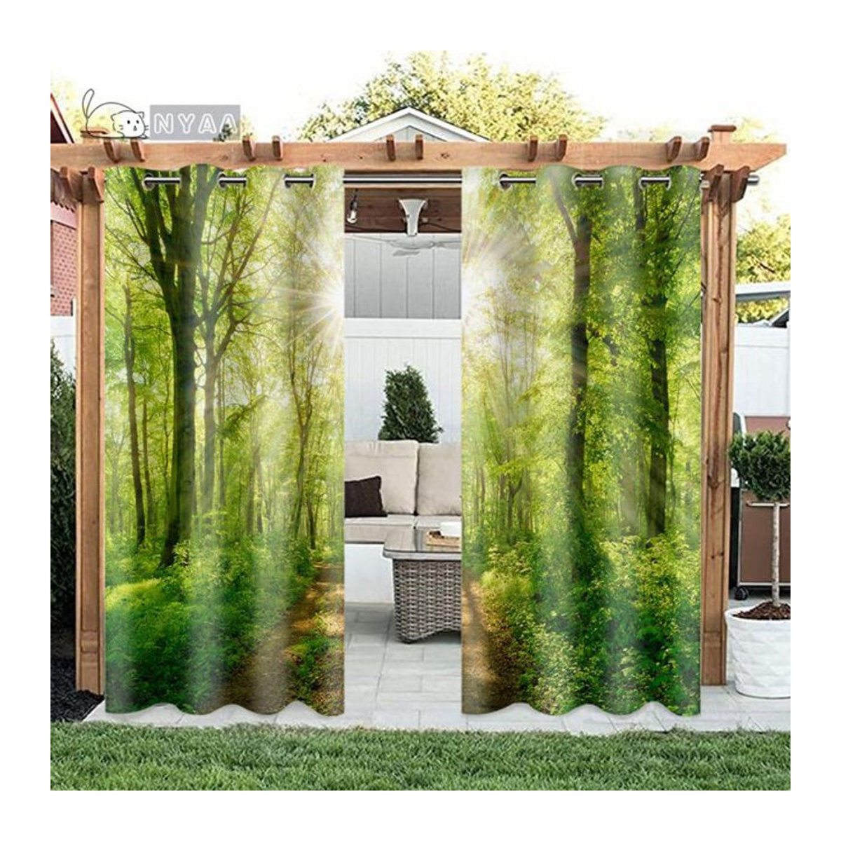 A Family Of Home Textiles Gartenvorhang Set aus 2 Paneelen in Grün mit Naturdesign für Pavillon Balkon und Fenster, Breite: 100 cm, Höhe: 240 cm pro Paneel - Bild 1
