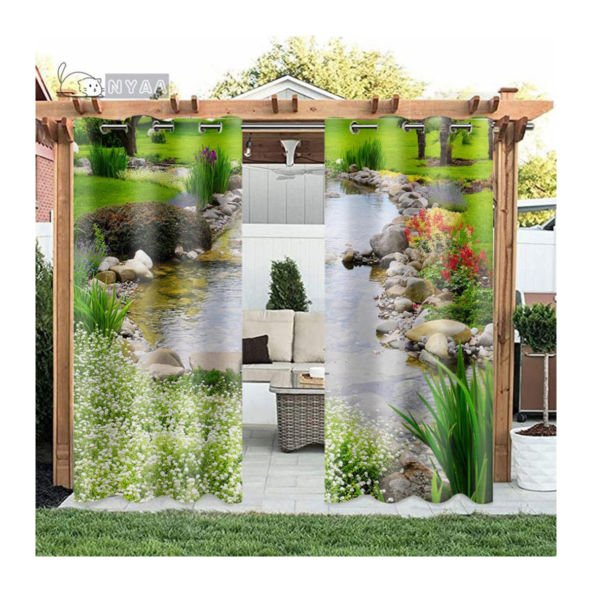 A Family Of Home Textiles Gartenvorhang Set aus 2 Paneelen in Grün mit Naturdesign für Pavillon Balkon und Fenster, Breite: 120 cm, Höhe: 270 cm pro Paneel - Bild 1