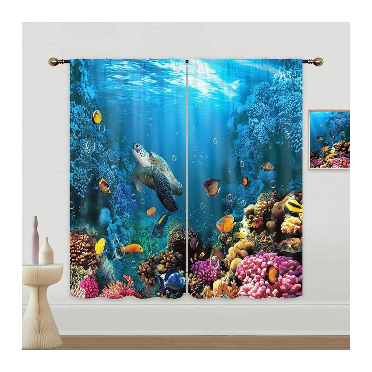 A Family Of Home Textiles Halbtransparente Fenstervorhänge für Kinder mit Delfinen, Schildkröten und Kieselsteinen, H x B: 130 x 50 cm - Bild 1