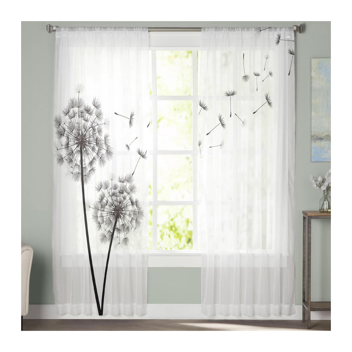 A Family Of Home Textiles Löwenzahn Tüll Vorhang in Schwarz und Weiß, Chiffon Voile für Wohnzimmer und Küche, B: 135 cm, H: 114 cm - Bild 4