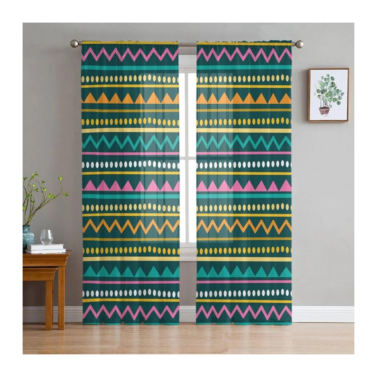 A Family Of Home Textiles Mexikanische Streifen-Festival-Tüllvorhänge Multicolor, transparenter Voile-Vorhang für Wohnzimmer und Schlafzimmer, B: 135 cm, H: 114 cm - Bild 1
