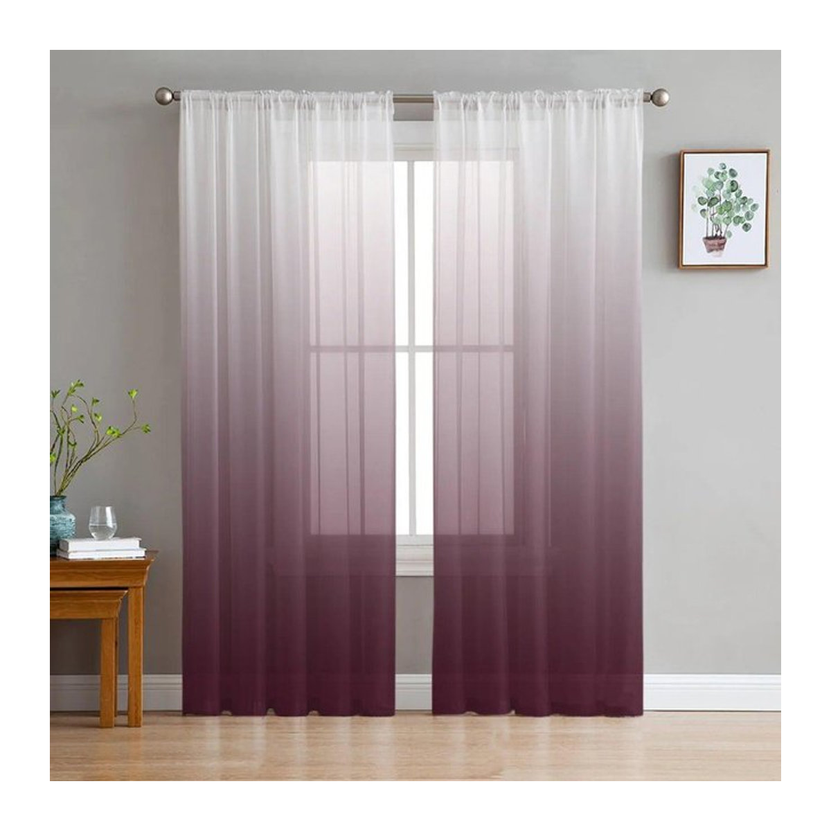 A Family Of Home Textiles Retro-Tüllvorhang mit Weinrot-weißem Farbverlauf und modernem Druck, transparenter Sichtschutz für Wohnzimmer und Balkon, B: 135 cm, H: 114 cm - Bild 1