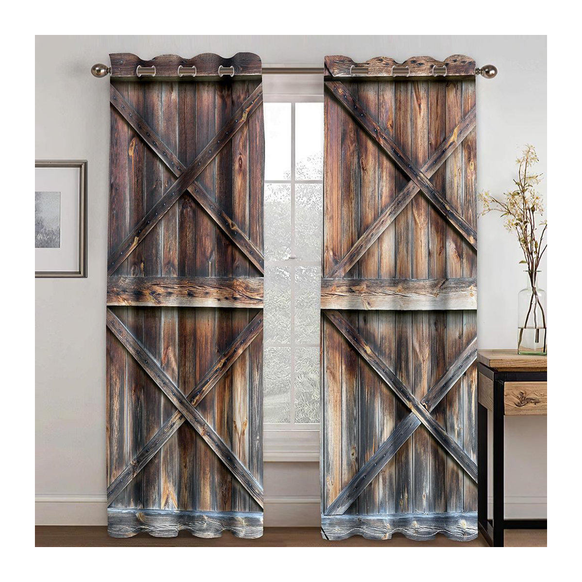 A Family Of Home Textiles Rustikale Vorhänge im Vintage Holz Scheunentür Design, halbtransparent, Braun, 2 Paneele, B: 135 cm, H: 185 cm - Bild 1