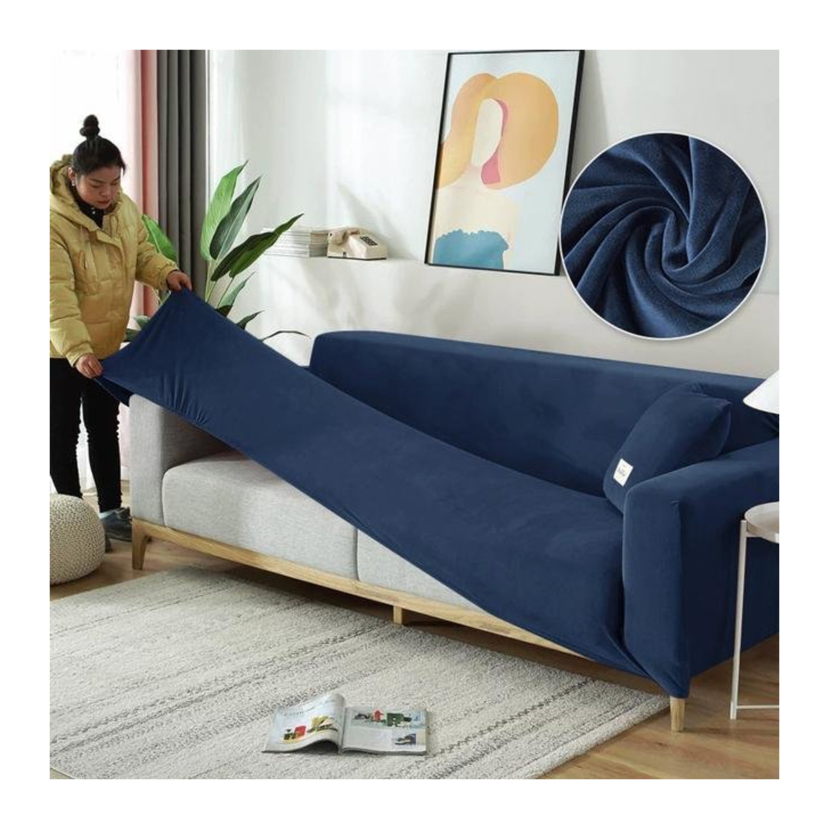 A Family Of Home Textiles Sofabezug aus Stretch-Samt in Blau, Anti-Rutsch Sesselbezug für 1-Sitzer, Breite: 90-140 cm - Bild 1