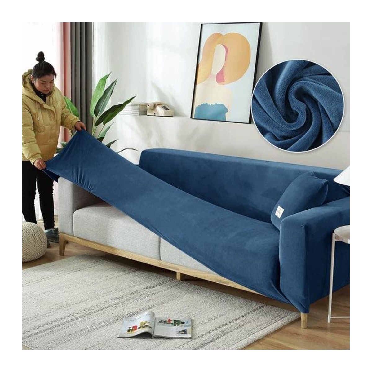 A Family Of Home Textiles Sofabezug aus Stretch-Samt in Blau für L-förmige Sofas und Sessel inklusive 2 Kissenbezügen - Bild 1
