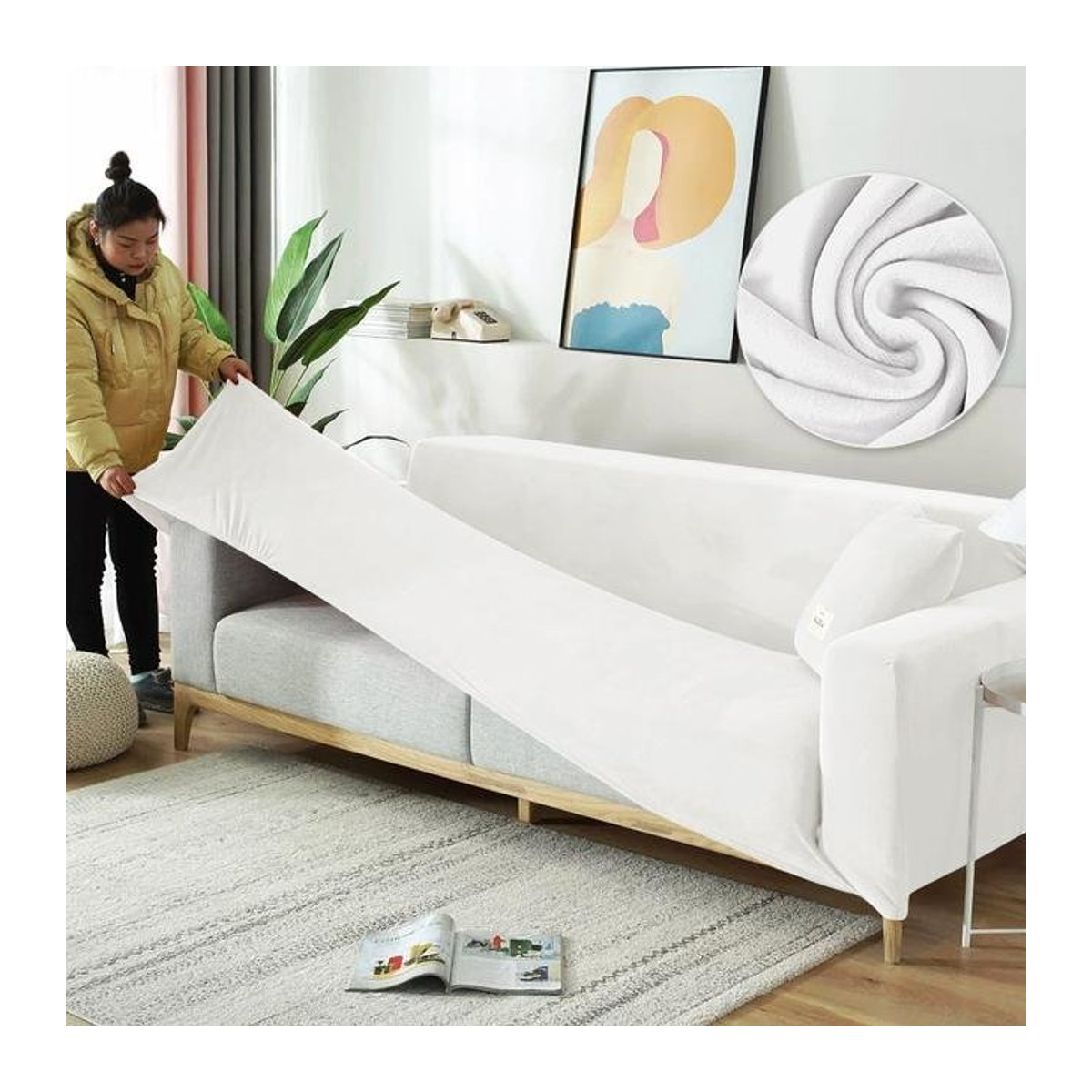 A Family Of Home Textiles Sofabezug aus Stretch-Samt in Weiß, Anti-Rutsch-Bezug für L-förmige Sofas und Sessel, 2-Sitzer, Breite: 145-185 cm - Bild 1