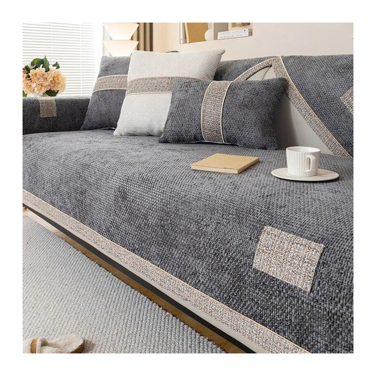 A Family Of Home Textiles Sofakissenbezug aus Chenille mit quadratischem Gitter in Grau, rutschfeste Sofamatte für das Wohnzimmer, B/B: 70 x 70 cm - Bild 1
